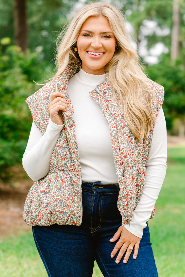 Chic Soul plus size clothing, multi colored floral print puffer vest that zips up