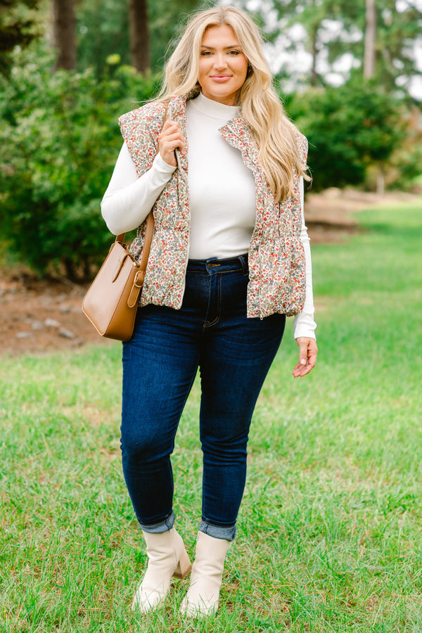 Chic Soul plus size clothing, multi colored floral print puffer vest that zips up