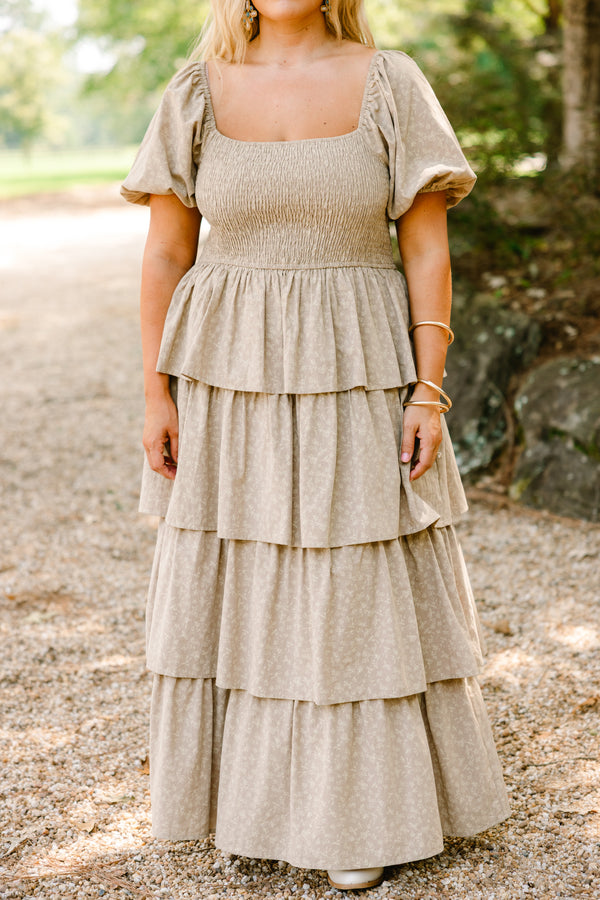 Chic Soul plus size clothing, tan tiered maxi dress with a square neckline and bubble sleeves as well as a subtle floral pattern 