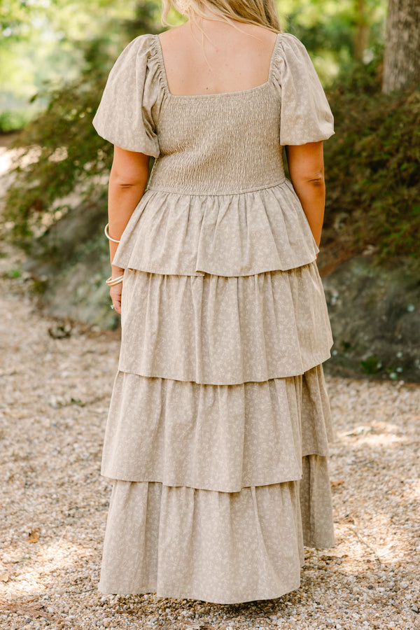 Chic Soul plus size clothing, tan tiered maxi dress with a square neckline and bubble sleeves as well as a subtle floral pattern 