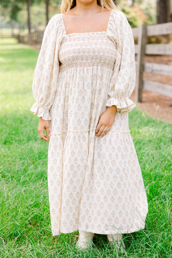 Chic Soul plus size clothing, off-white long sleeve maxi dress with tan floral print and textured chest