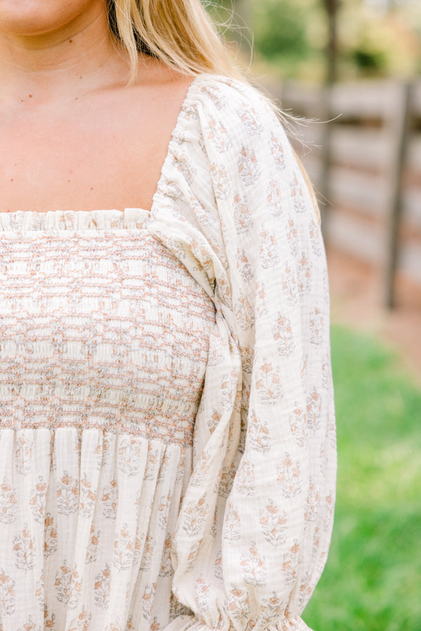 Chic Soul plus size clothing, off-white long sleeve maxi dress with tan floral print and textured chest