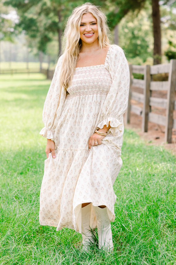 Chic Soul plus size clothing, off-white long sleeve maxi dress with tan floral print and textured chest