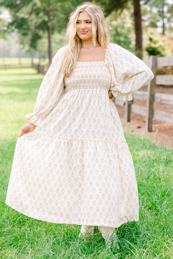 Chic Soul plus size clothing, off-white long sleeve maxi dress with tan floral print and textured chest