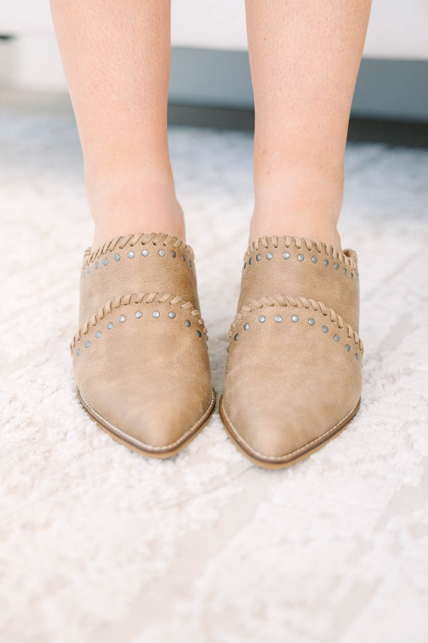 Corky's Blame It Mules in tan suede with a pointed toe, block heel, and studded whipstitch detail.