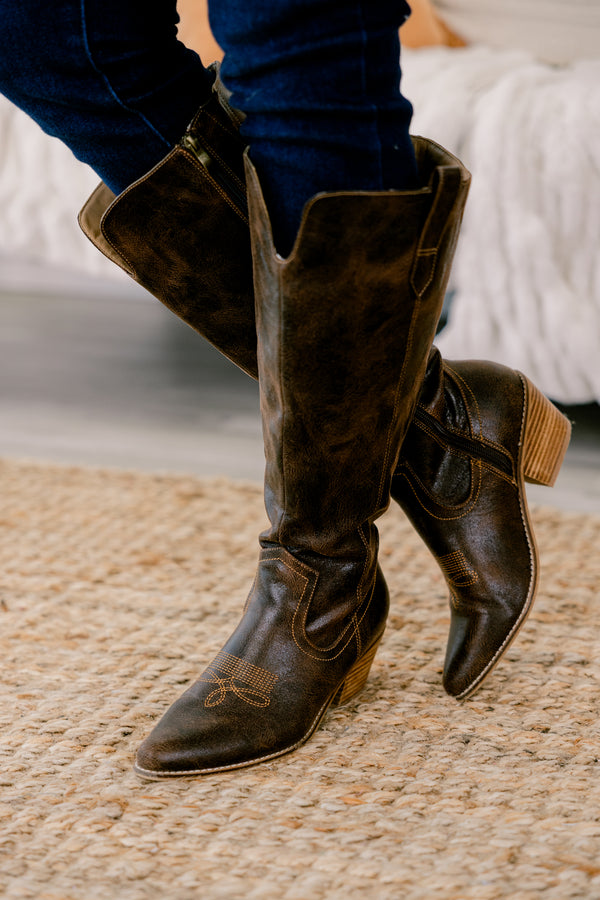 Chic Soul plus size clothing, dark brown knee high pointed toe cowboy boots