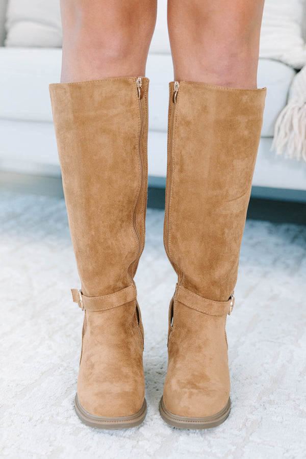 Plus Size camel tall boots with suede-like texture, ribbed knit panels, and buckle strap detail.
