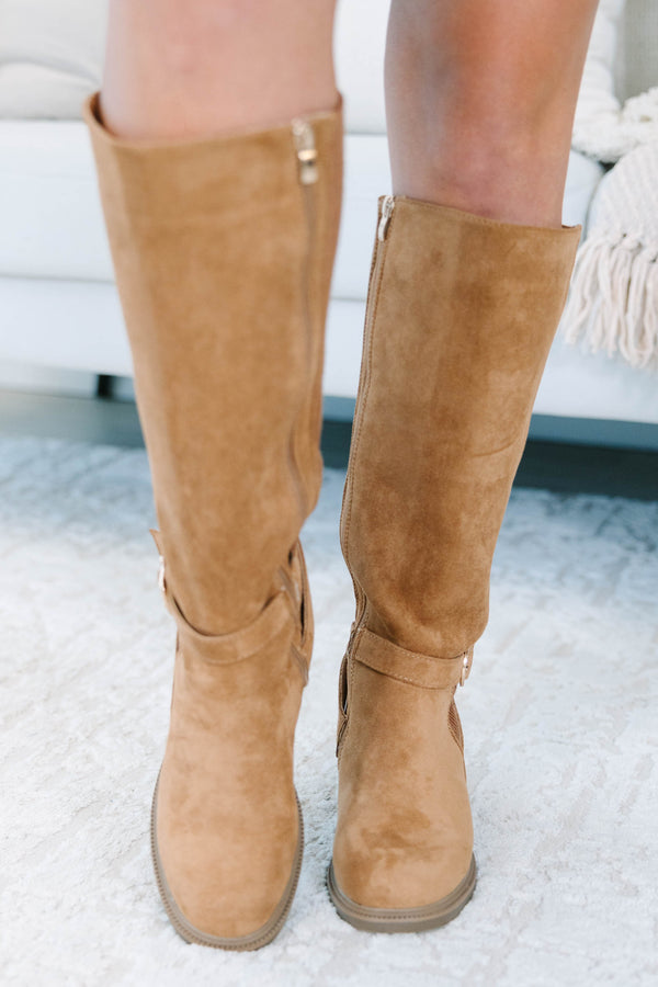 Plus Size camel tall boots with suede-like texture, ribbed knit panels, and buckle strap detail.