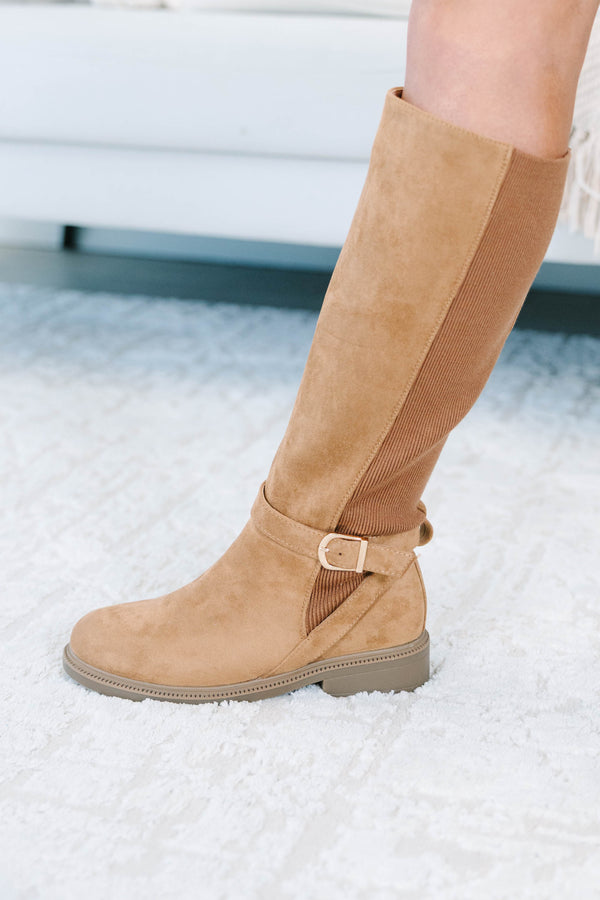 Plus Size camel tall boots with suede-like texture, ribbed knit panels, and buckle strap detail.