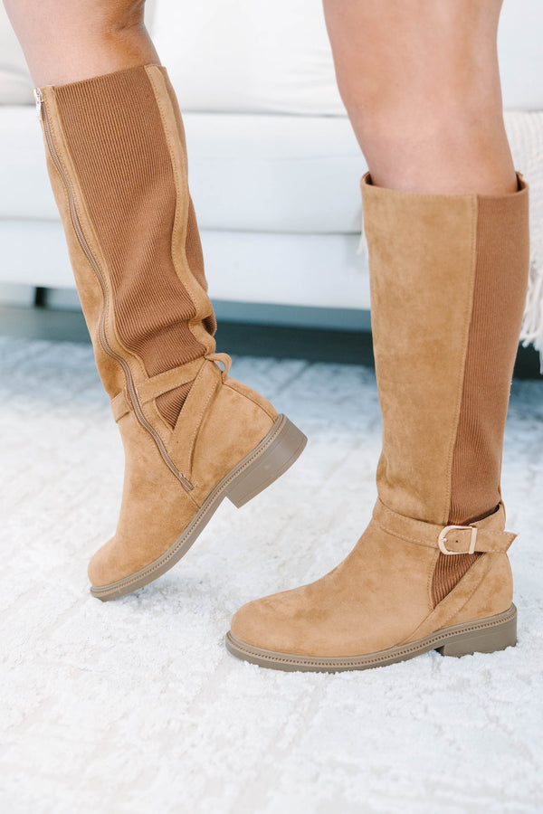 Plus Size camel tall boots with suede-like texture, ribbed knit panels, and buckle strap detail.