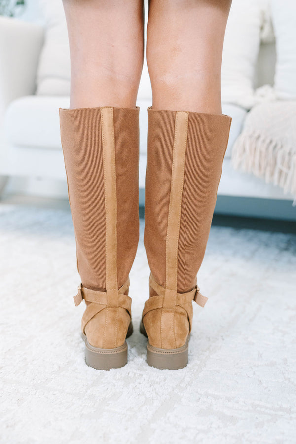 Plus Size camel tall boots with suede-like texture, ribbed knit panels, and buckle strap detail.