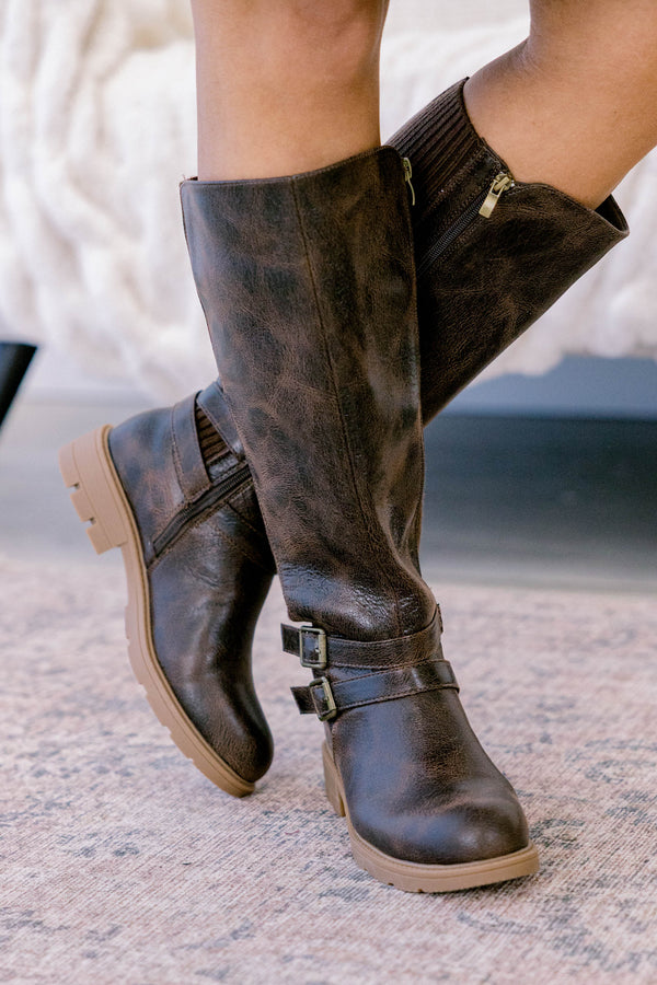 Chic Soul plus size clothing, dark brown round toe tall riding style boots with 2 straps and buckles across the ankle