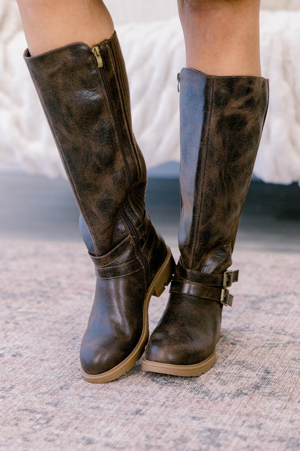 Chic Soul plus size clothing, dark brown round toe tall riding style boots with 2 straps and buckles across the ankle