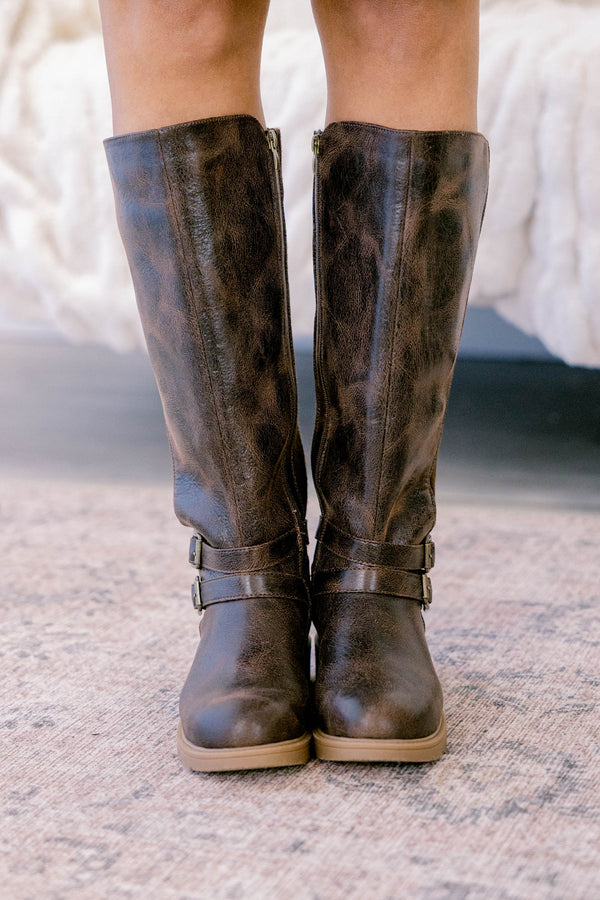 Chic Soul plus size clothing, dark brown round toe tall riding style boots with 2 straps and buckles across the ankle