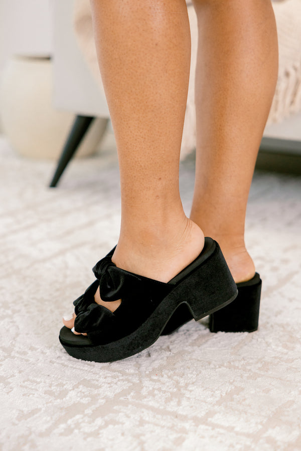 Chic Soul plus size clothing, black velvet block hell with 2 straps and bow tied on the top