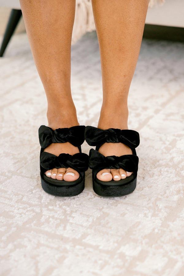 Chic Soul plus size clothing, black velvet block hell with 2 straps and bow tied on the top