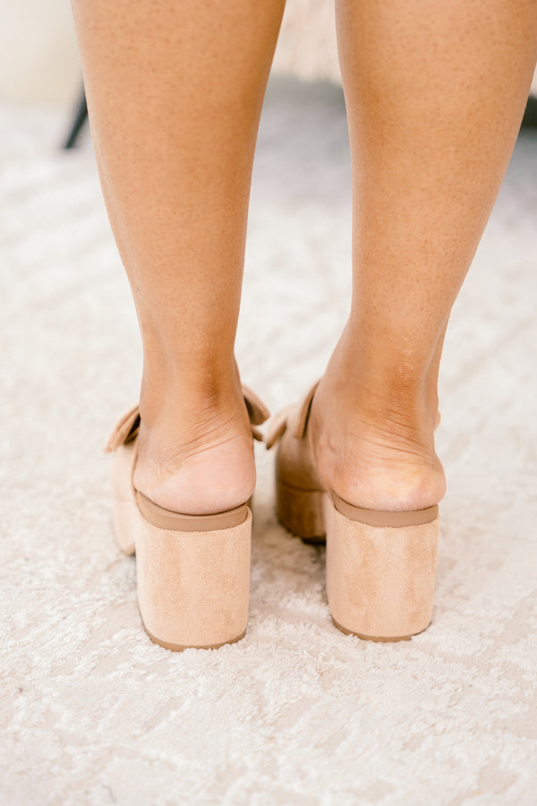 Chic Soul plus size clothing, camel faux suede  heels with two straps that go across the top of the foot that both have a bow detail 