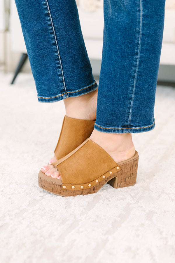 Plus Size camel open-toe mule heels with a cork platform, studded trim, and center-seam detail.