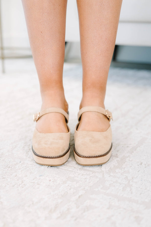 Plus Size camel suede Mary Jane platform wedges with a round toe and adjustable buckle strap.