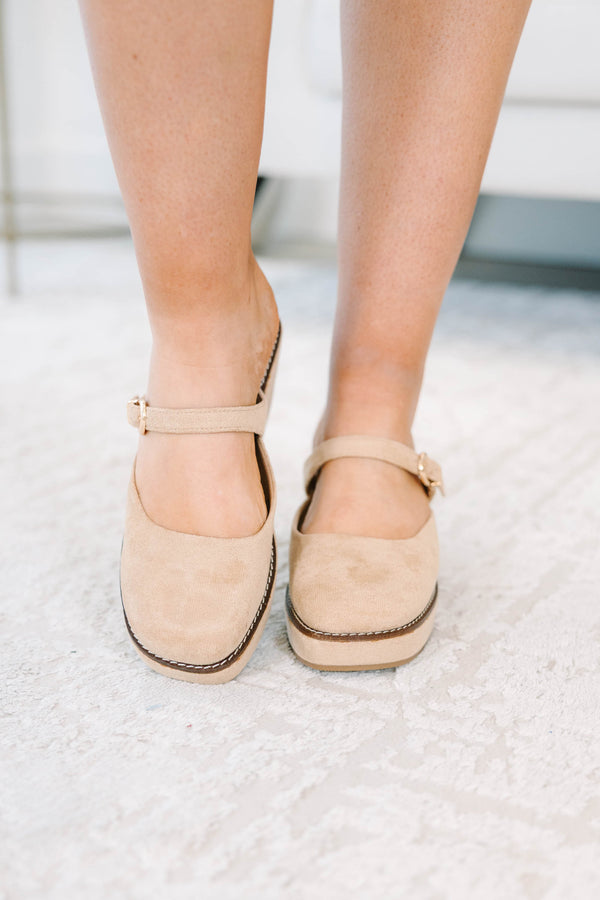 Plus Size camel suede Mary Jane platform wedges with a round toe and adjustable buckle strap.