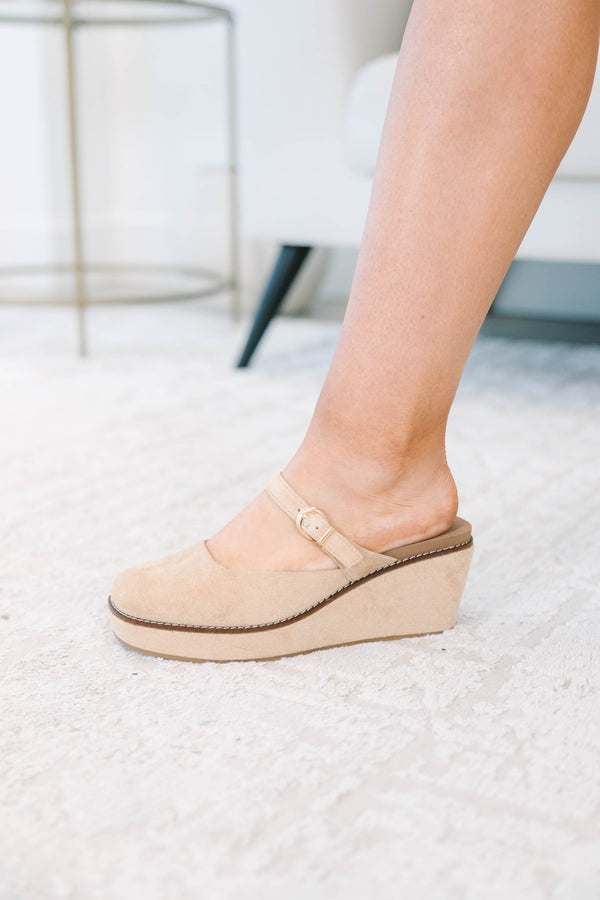 Plus Size camel suede Mary Jane platform wedges with a round toe and adjustable buckle strap.