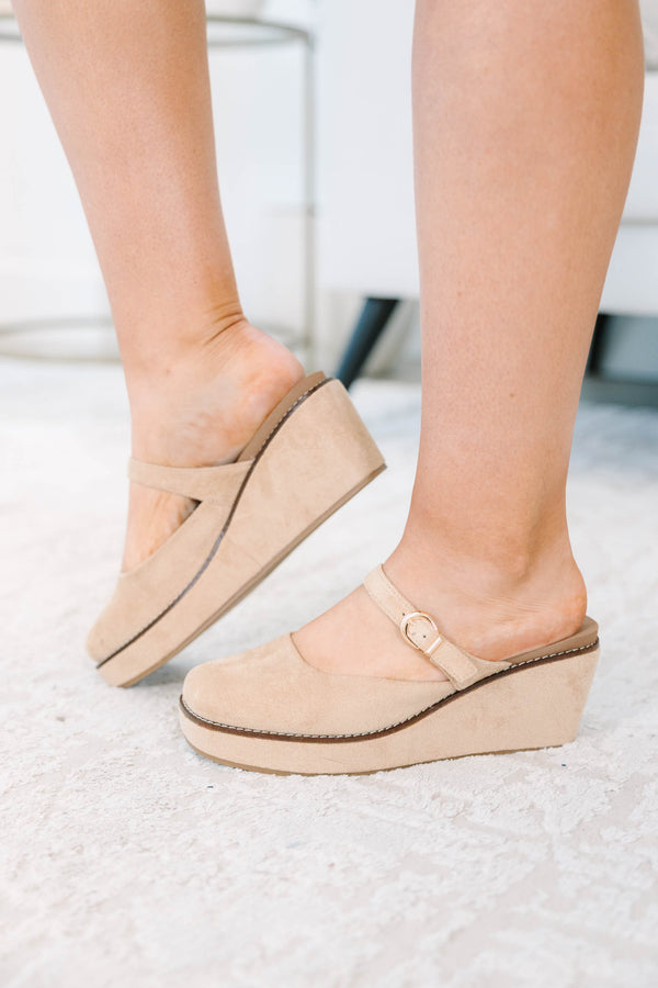 Plus Size camel suede Mary Jane platform wedges with a round toe and adjustable buckle strap.