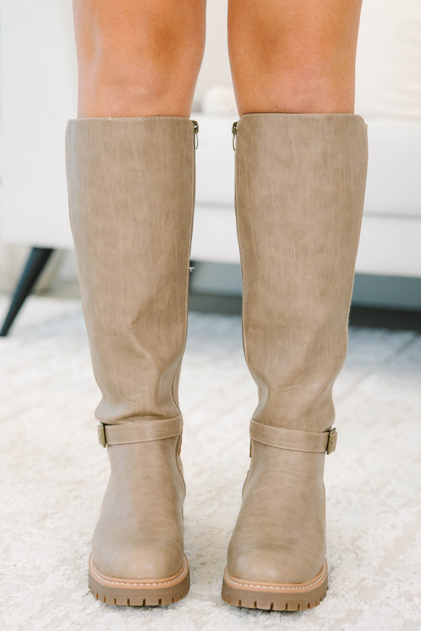 Corky's Walking Tall Boots in taupe with a stretchy ribbed back panel and lug sole for plus sizes.
