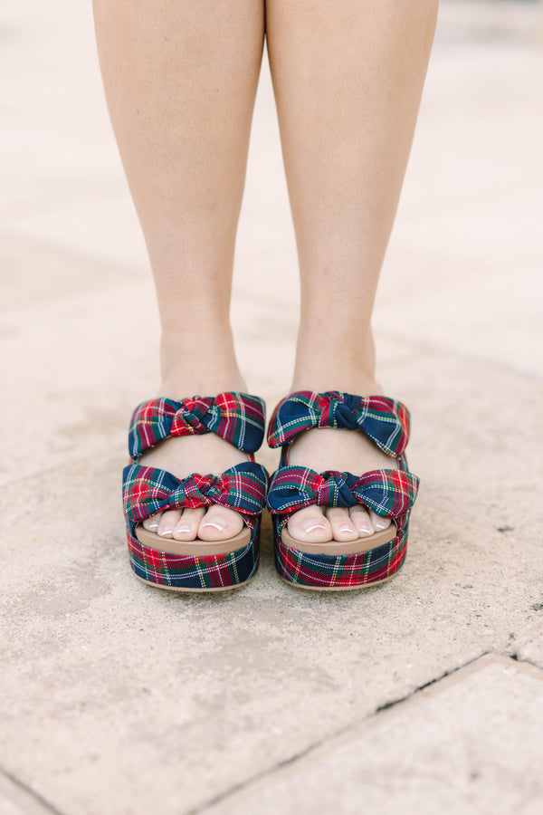 Plus Size navy plaid platform sandals with a block heel and knotted bow straps.