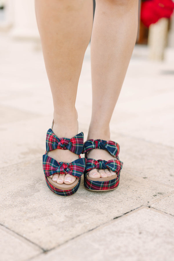 Plus Size navy plaid platform sandals with a block heel and knotted bow straps.