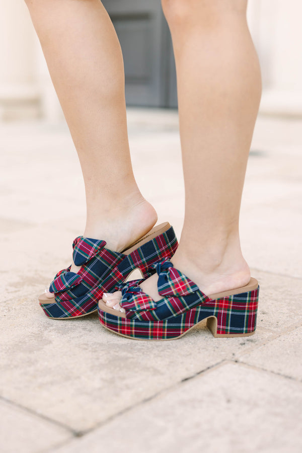 Plus Size navy plaid platform sandals with a block heel and knotted bow straps.