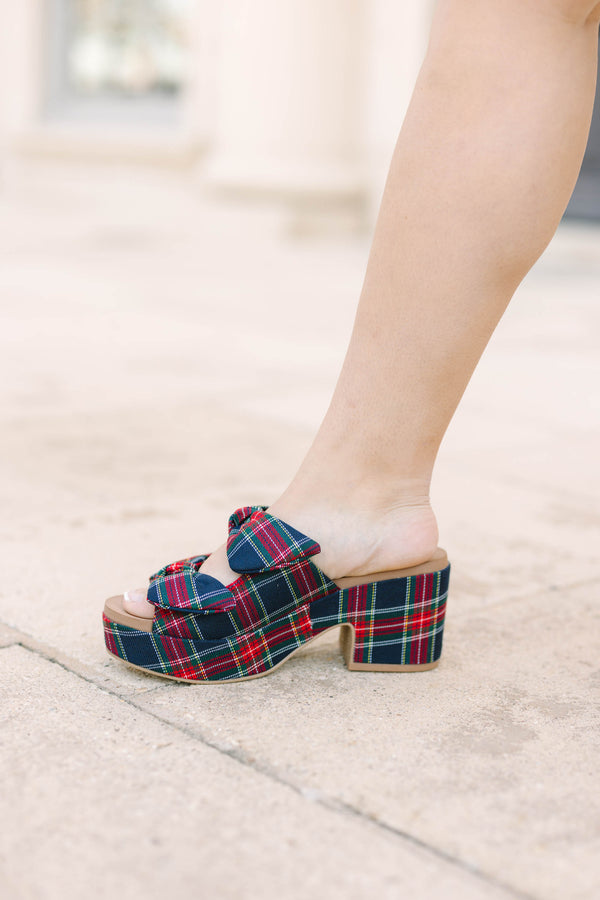 Plus Size navy plaid platform sandals with a block heel and knotted bow straps.