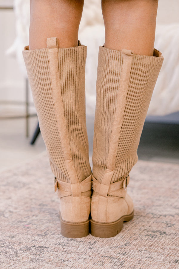 Chic Soul plus size clothing, light brown round tow suede tall boots 