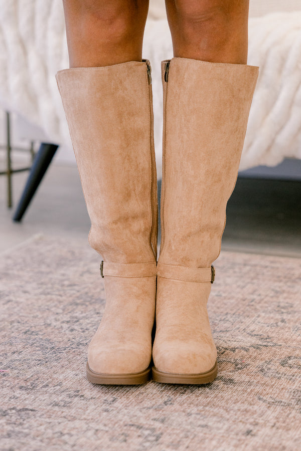Chic Soul plus size clothing, light brown round tow suede tall boots 