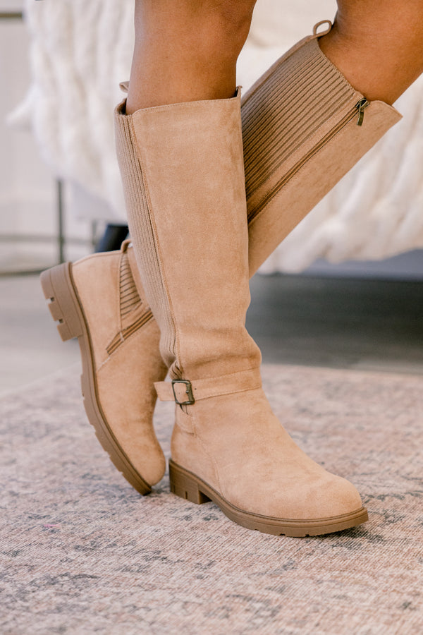 Chic Soul plus size clothing, light brown round tow suede tall boots 