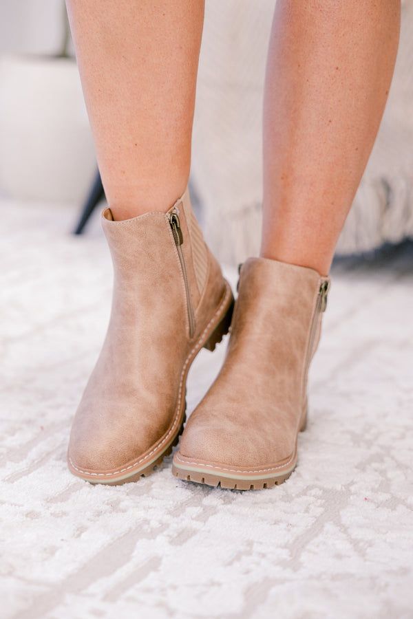 Chic Soul plus size clothing, tan round toe booties with a small block heel