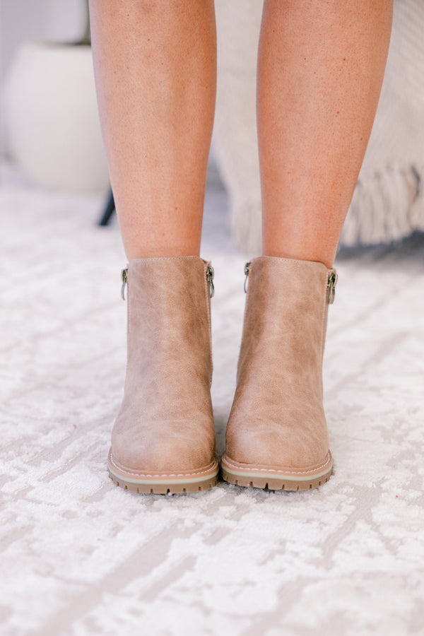 Chic Soul plus size clothing, tan round toe booties with a small block heel