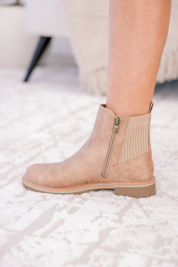 Chic Soul plus size clothing, tan round toe booties with a small block heel