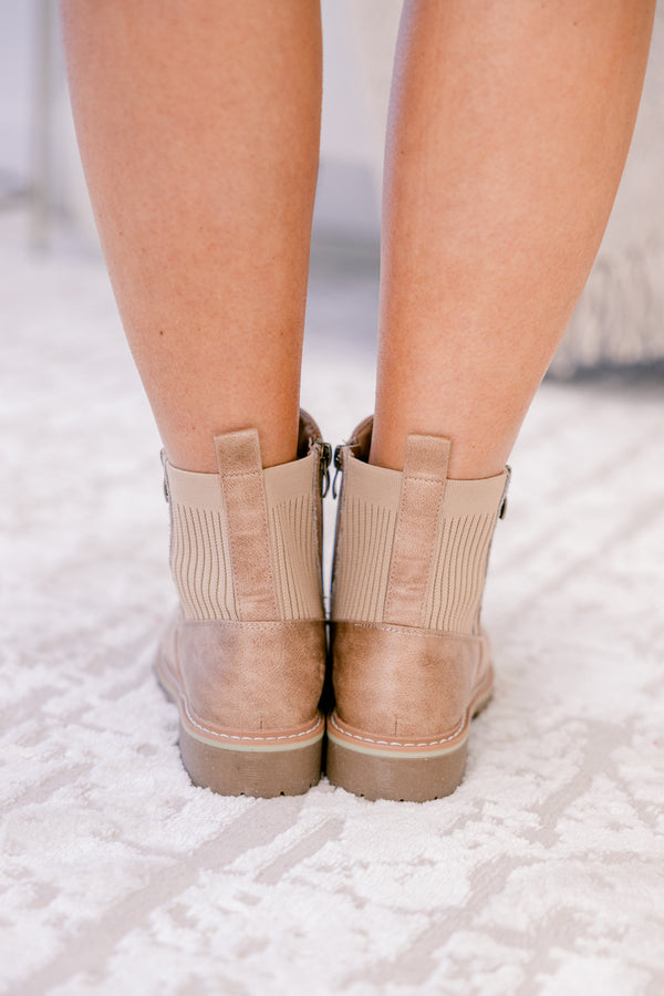 Chic Soul plus size clothing, tan round toe booties with a small block heel