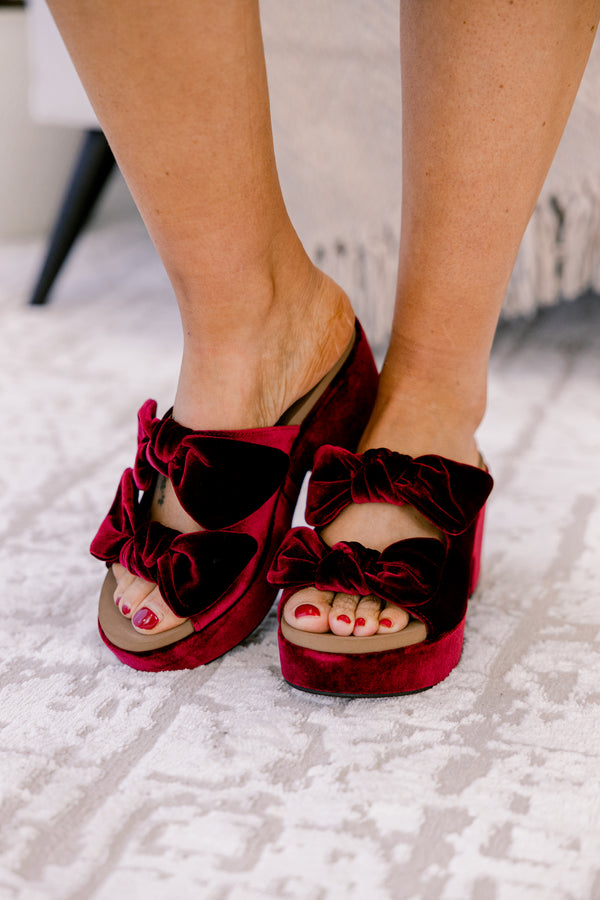 Chic Soul plus size clothing, dark red velvet block heel with 2 straps with bows on them