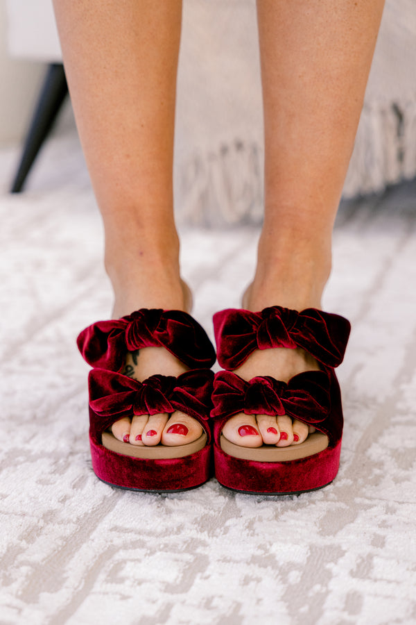Chic Soul plus size clothing, dark red velvet block heel with 2 straps with bows on them