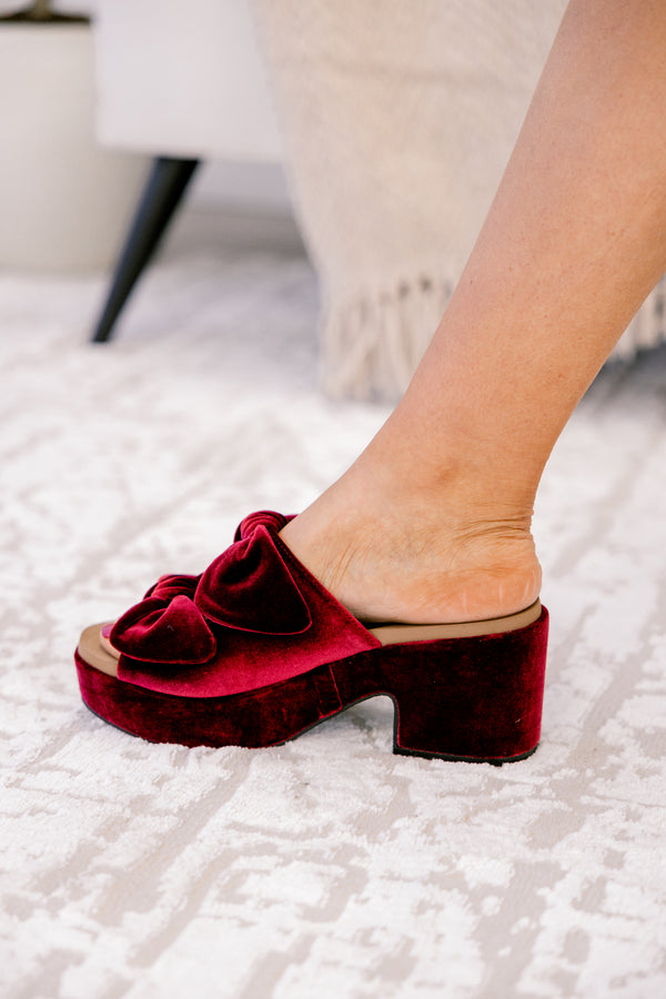 Chic Soul plus size clothing, dark red velvet block heel with 2 straps with bows on them