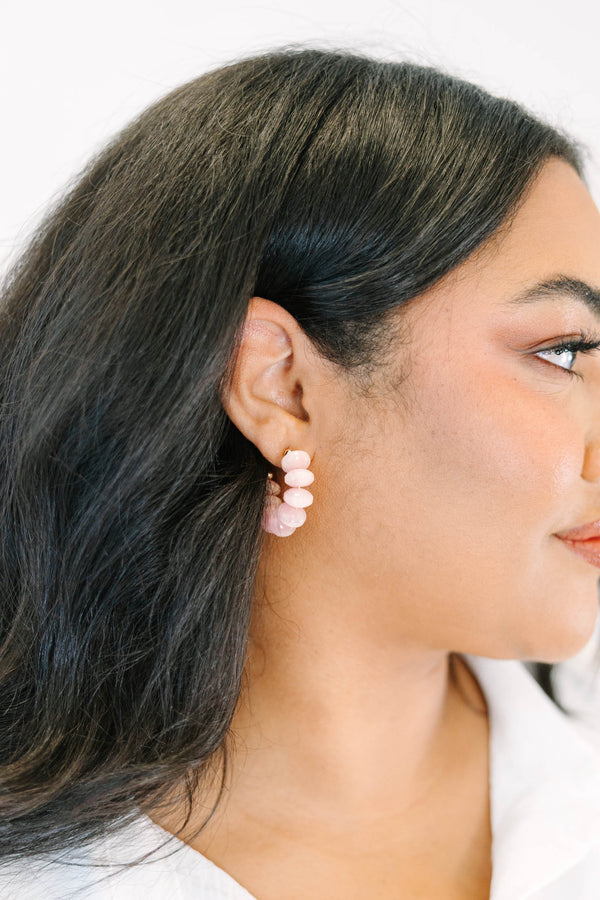 Plus Size pink resin bead hoop earrings with gold-tone hardware.