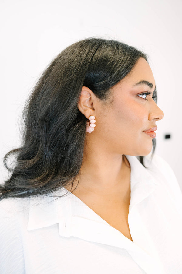 Plus Size pink resin bead hoop earrings with gold-tone hardware.