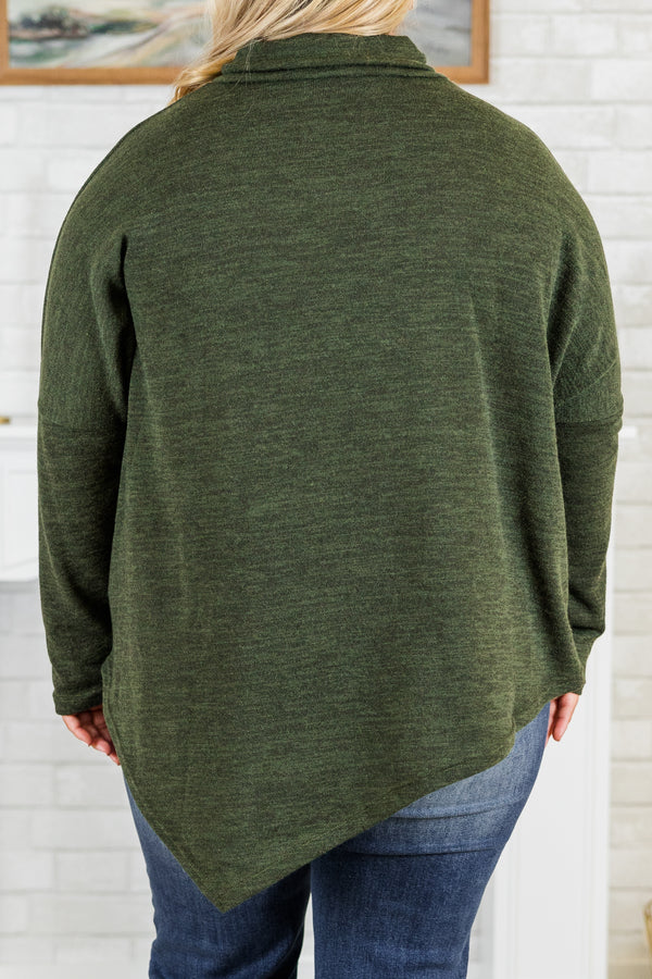 Chic Soul plus size clothing, olive asymmetric washed top with cuffed turtleneck detail with asymmetric detail in the front and back