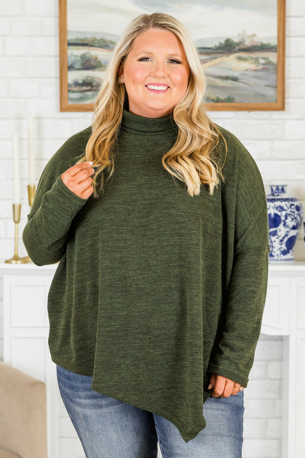 Chic Soul plus size clothing, olive asymmetric washed top with cuffed turtleneck detail with asymmetric detail in the front and back