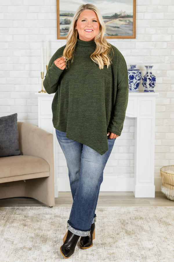 Chic Soul plus size clothing, olive asymmetric washed top with cuffed turtleneck detail with asymmetric detail in the front and back