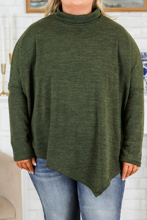Chic Soul plus size clothing, olive asymmetric washed top with cuffed turtleneck detail with asymmetric detail in the front and back