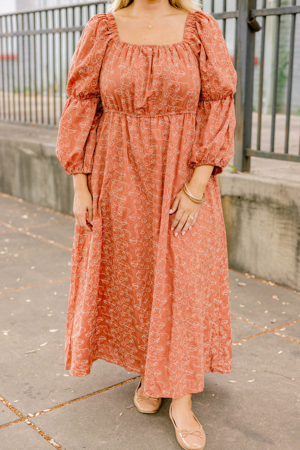 Chic Soul plus size clothing, dark orange square neck long puff sleeve maxi dress with small white floral print on it