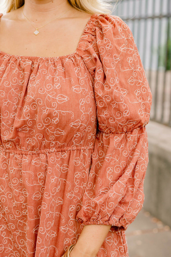Chic Soul plus size clothing, dark orange square neck long puff sleeve maxi dress with small white floral print on it