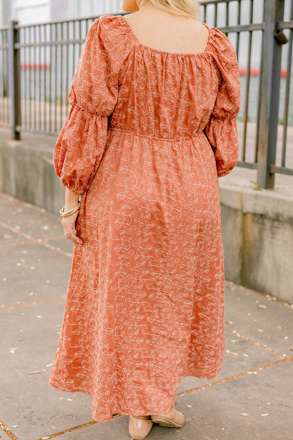 Chic Soul plus size clothing, dark orange square neck long puff sleeve maxi dress with small white floral print on it